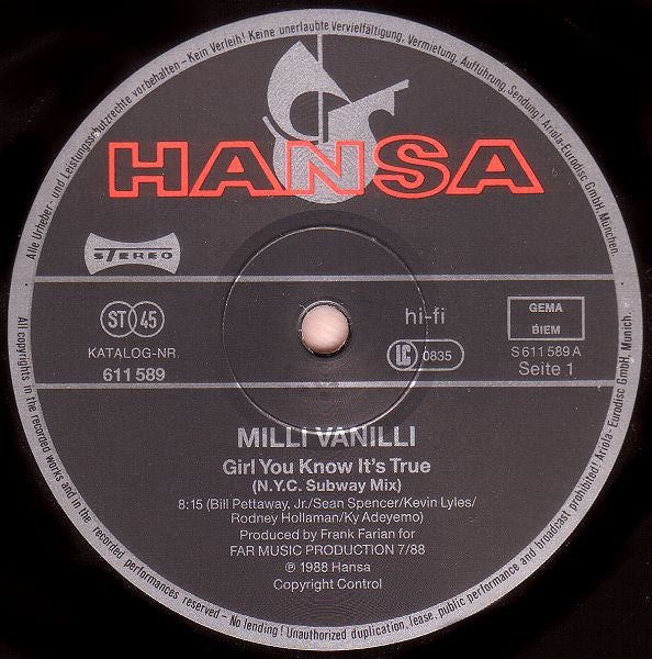 Milli Vanilli : Girl You Know It's True (N.Y.C. Subway Mix) (12", Maxi)