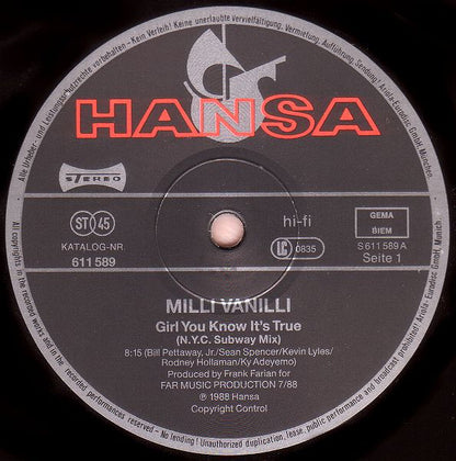 Milli Vanilli : Girl You Know It's True (N.Y.C. Subway Mix) (12", Maxi)