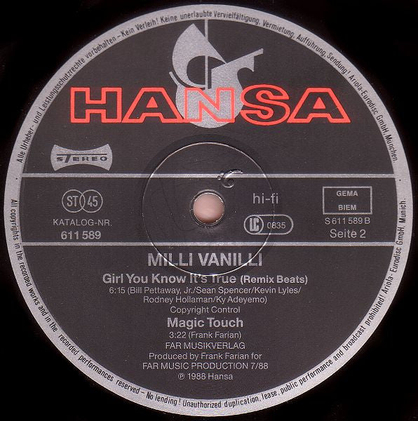 Milli Vanilli : Girl You Know It's True (N.Y.C. Subway Mix) (12", Maxi)