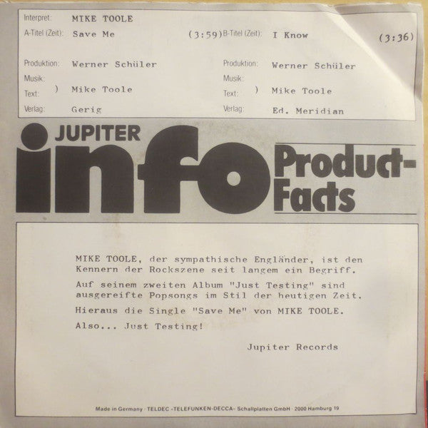 Mike Toole : Save Me (7", Single, Promo)