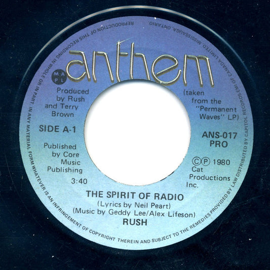 Rush : The Spirit Of Radio (7", Single, Promo)
