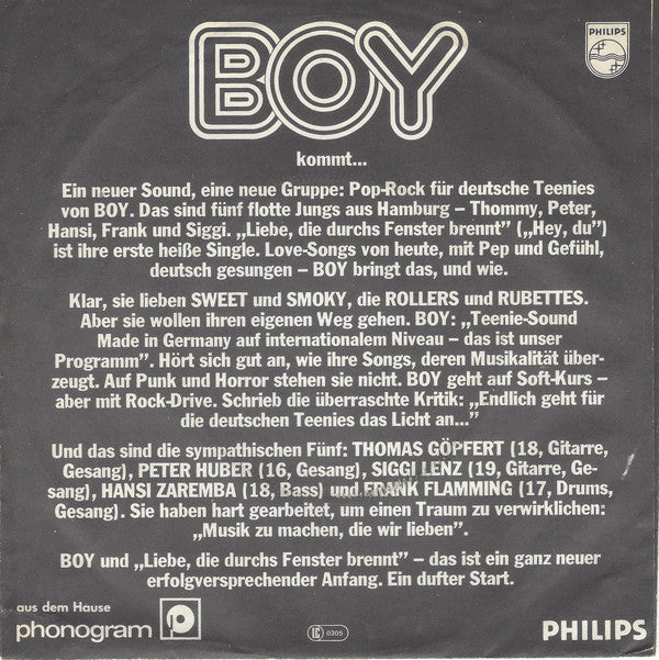 Boy (20) : Liebe, Die Durchs Fenster brennt (7", Single)