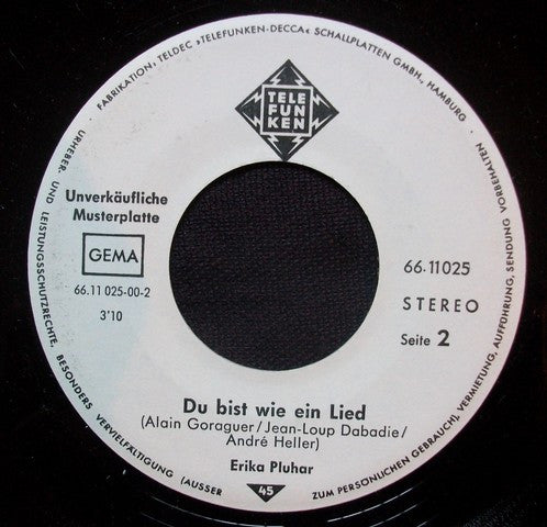 Erika Pluhar : Es War Einmal / Du Bist Wie Ein Lied (7", Single, Promo)