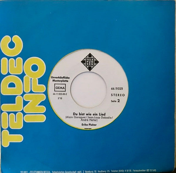 Erika Pluhar : Es War Einmal / Du Bist Wie Ein Lied (7", Single, Promo)