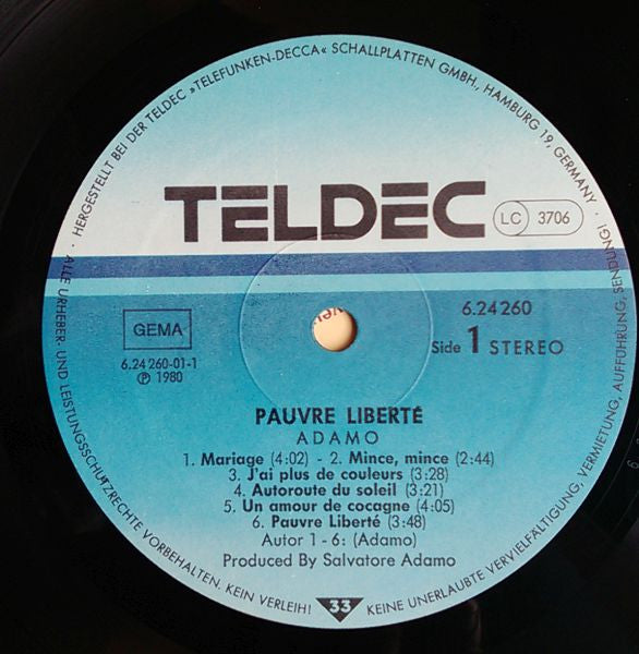 Salvatore Adamo* : Pauvre Liberté... (LP, Album)