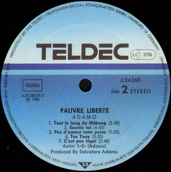 Salvatore Adamo* : Pauvre Liberté... (LP, Album)