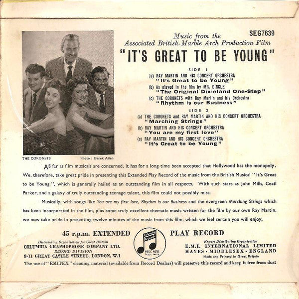 The Coronets and Ray Martin And His Concert Orchestra : Music From The Film "It's Great To Be Young" (7", EP)