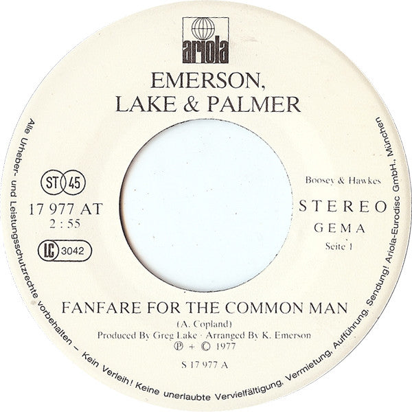 Emerson, Lake & Palmer : Fanfare For The Common Man / Brain Salad Surgery (7", Single)