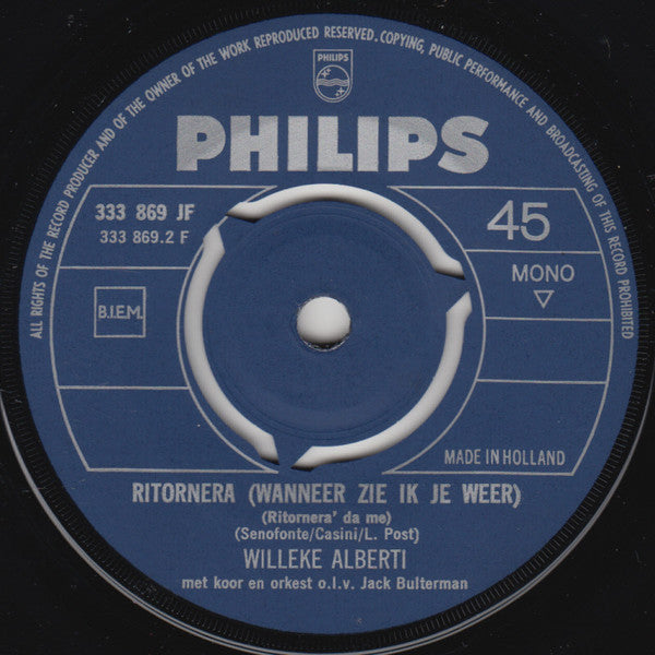 Willeke Alberti : Ritornera (Wanneer Zie Ik Je Weer) (7", Single, Mono)