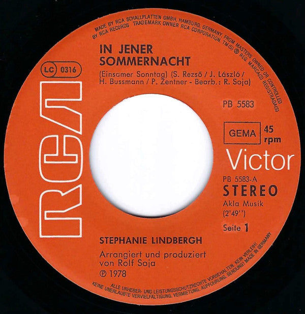 Stephanie Lindbergh : In Jener Sommernacht (Einsamer Sonntag) / Manito (7")