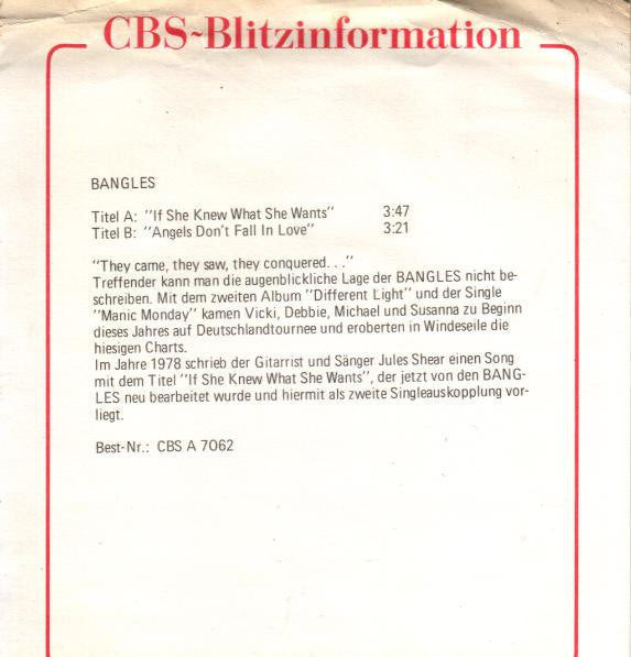 Bangles : If She Knew What She Wants (7", Single, Cap)