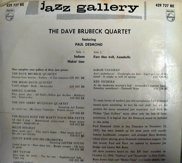 Paul Desmond With The Dave Brubeck Quartet : The Dave Brubeck Quartet Featuring Paul Desmond (7", EP, Mono)