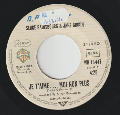 Jane Birkin Avec Serge Gainsbourg : Je T'aime... Moi Non Plus (7", Single, RE)