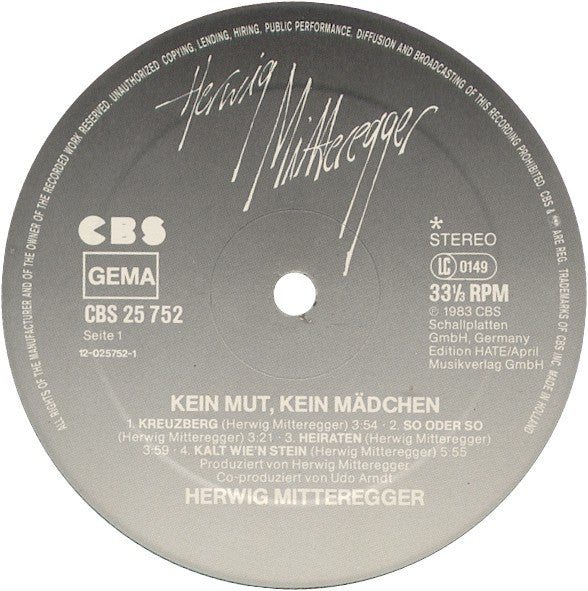 Herwig Mitteregger : Kein Mut - Kein Mädchen (LP, Album)