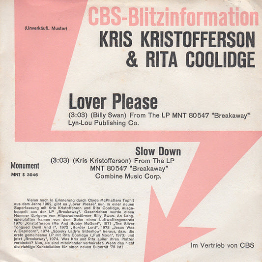 Kris Kristofferson & Rita Coolidge : Lover Please (7", Single, Promo)
