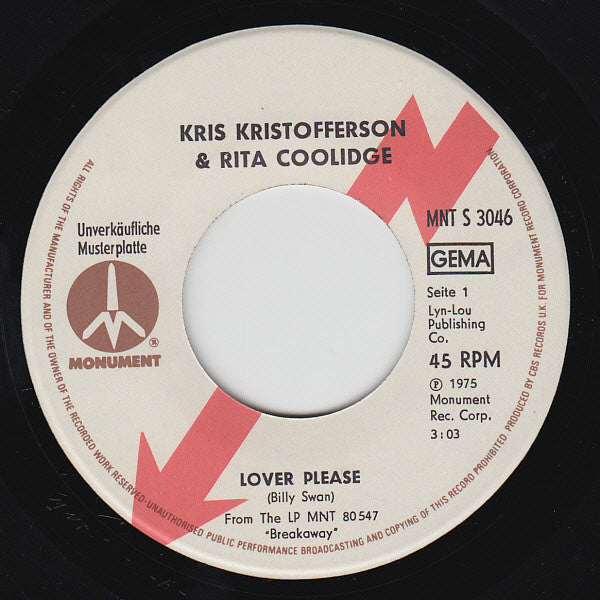 Kris Kristofferson & Rita Coolidge : Lover Please (7", Single, Promo)