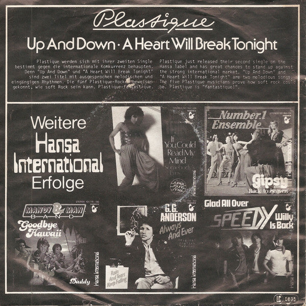 Plastique (3) : Up And Down / A Heart Will Break Tonight (7", Single)