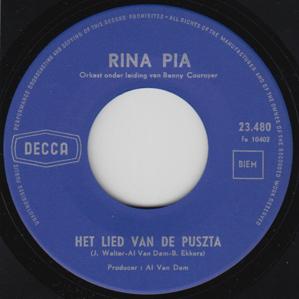 Rina Pia : Het Lied Van De Puszta / Cupido (7", Single, Mono)