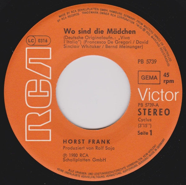 Horst Frank : Wo Sind Die Mädchen (7", Single)