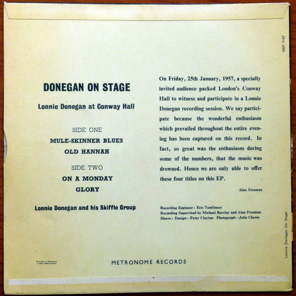 Lonnie Donegan's Skiffle Group : Donegan On Stage (Lonnie Donegan At Conway Hall) (7", EP)