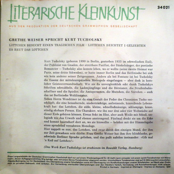 Grete Weiser : Das Lottchen (Grethe Weiser Spricht Kurt Tucholsky) (7", EP, Mono)
