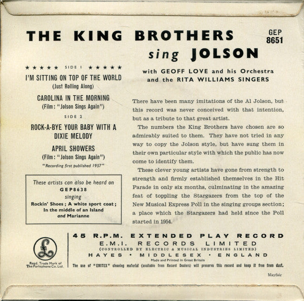 The King Brothers : The King Brothers Sing Jolson (7", EP)