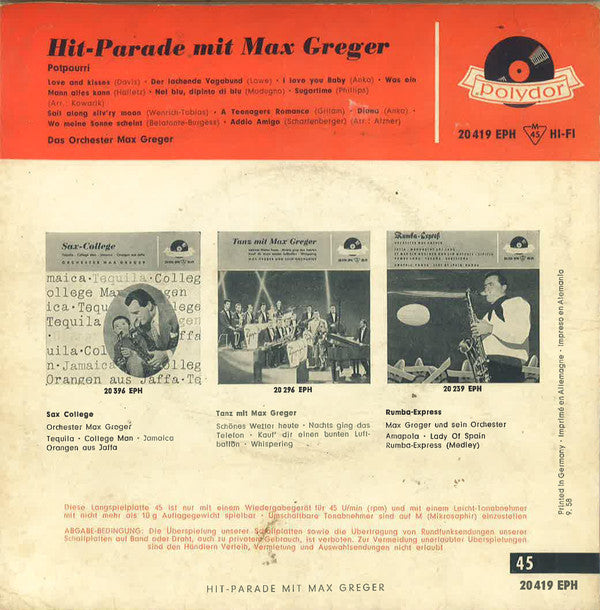Max Greger Und Sein Orchester : Hit-Parade Mit Max Greger (7", EP, Mono)