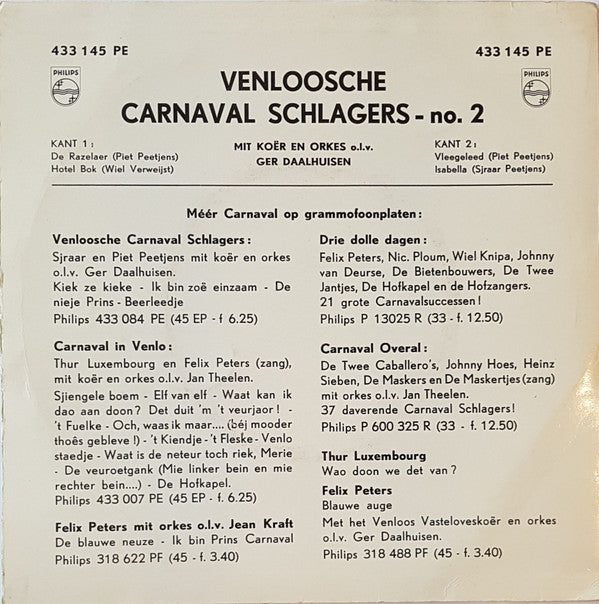 Piet Peetjens, Wiel Verweijst, Sjraar Peetjens : Venloosche Carnaval Schlagers -2  (7", EP)