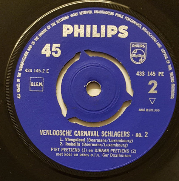 Piet Peetjens, Wiel Verweijst, Sjraar Peetjens : Venloosche Carnaval Schlagers -2  (7", EP)
