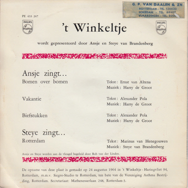 Ansje van Brandenberg En Steye van Brandenberg : Zingen In 't Winkeltje (7", EP, Mono)