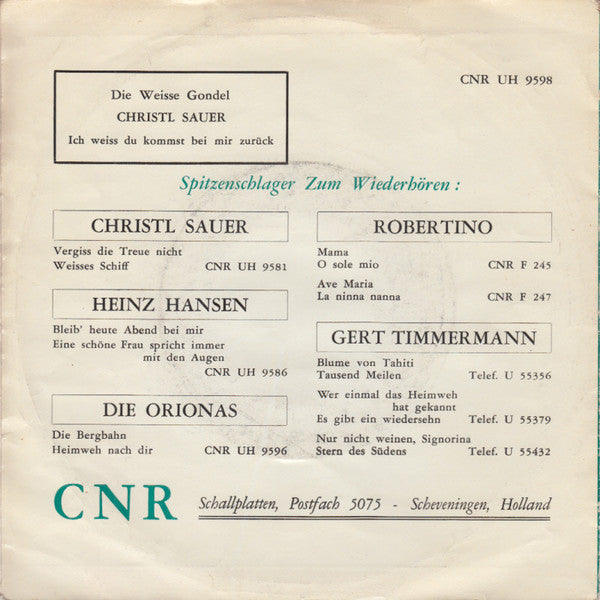 Christel Sauer : Die Weisse Gondel (7", Single)