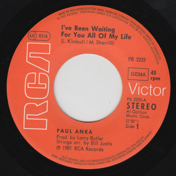 Paul Anka : I've Been Waiting For You All Of My Life (7", Single)