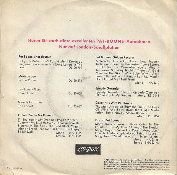 Pat Boone : Tie Me Kangaroo Down Sport / Memory Mountain (7", Single)