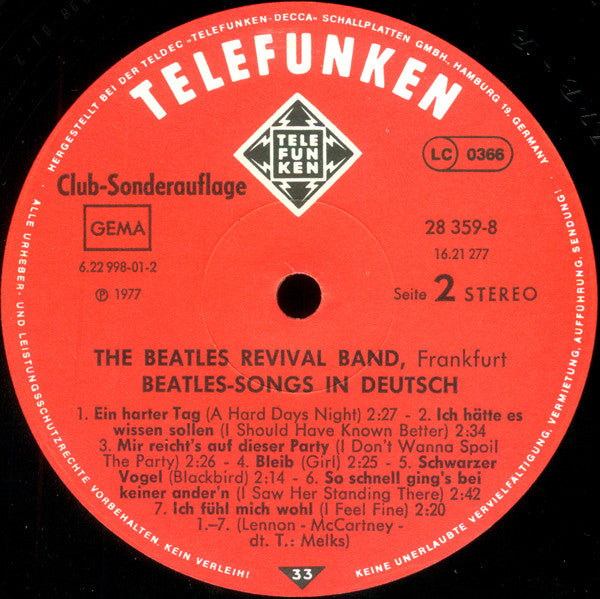 The Beatles Revival Band Frankfurt* : Beatles Songs In Deutsch (LP, Album, Club)