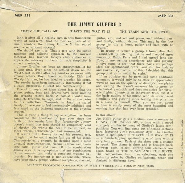 The Jimmy Giuffre Trio : The Jimmy Giuffre 3 (Vol. 2) (7", EP)