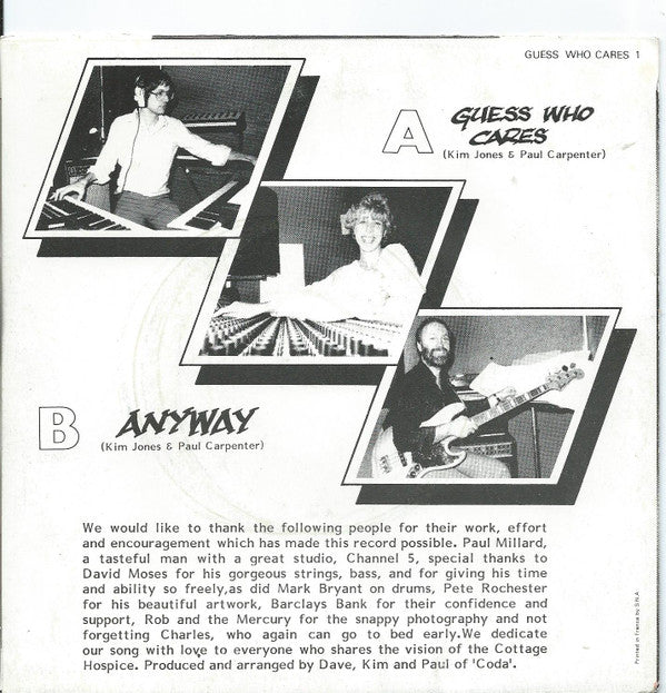 Kim Jones (12), Paul Carpenter (4), David Moses (8), Graham Walker (20) : Guess Who Cares (7", Single)