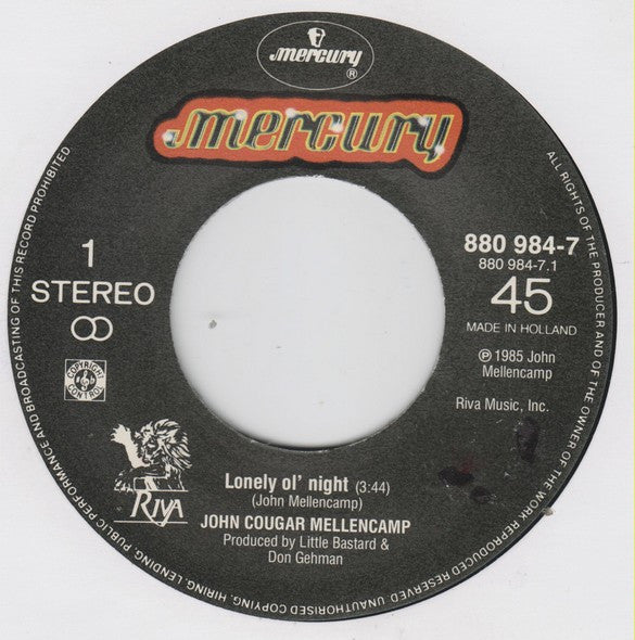 John Cougar Mellencamp : Lonely Ol' Night (7", Single)