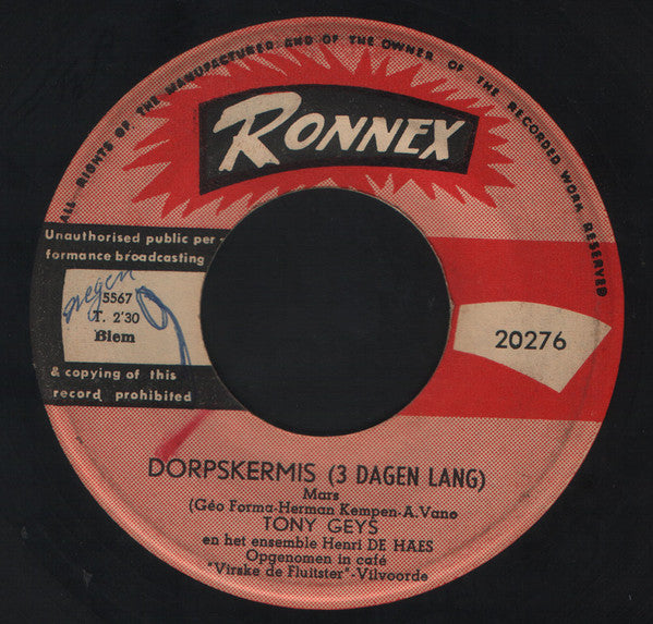 Tony Geys En Het Ensemble Henri De Haes : Leve De Pinten / Dorpskermis (3 Dagen Lang) (7")
