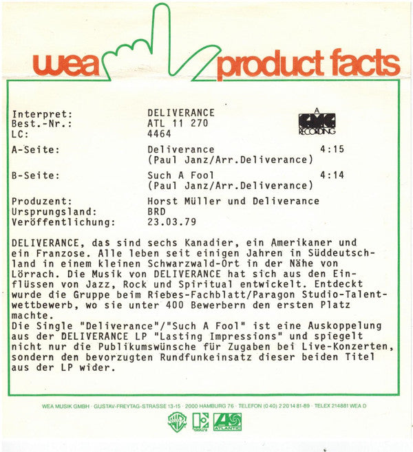 Deliverance (9) : Deliverance (7", Single)
