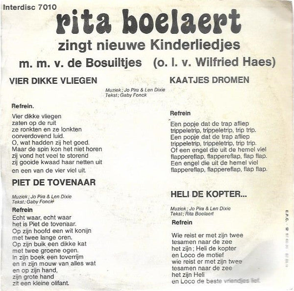 Rita Boelaert m.m.v. De Bosuiltjes : Zingt Nieuwe Kinderliedjes (7", Single)