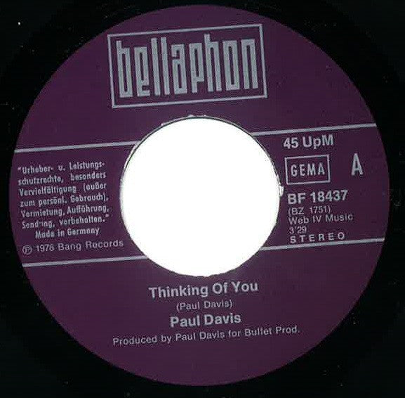 Paul Davis (3) : Thinking Of You (7", Single)