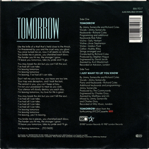 The Communards : Tomorrow (7", Single)