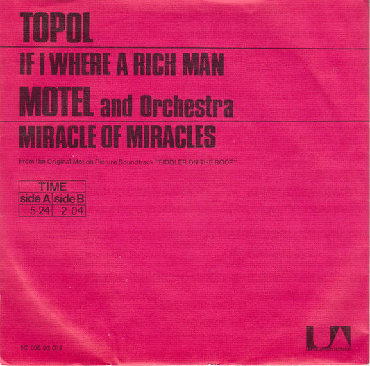 Topol, Motel And Orchestra : If I Were A Rich Man / Miracle Of Miracles (7", Single)